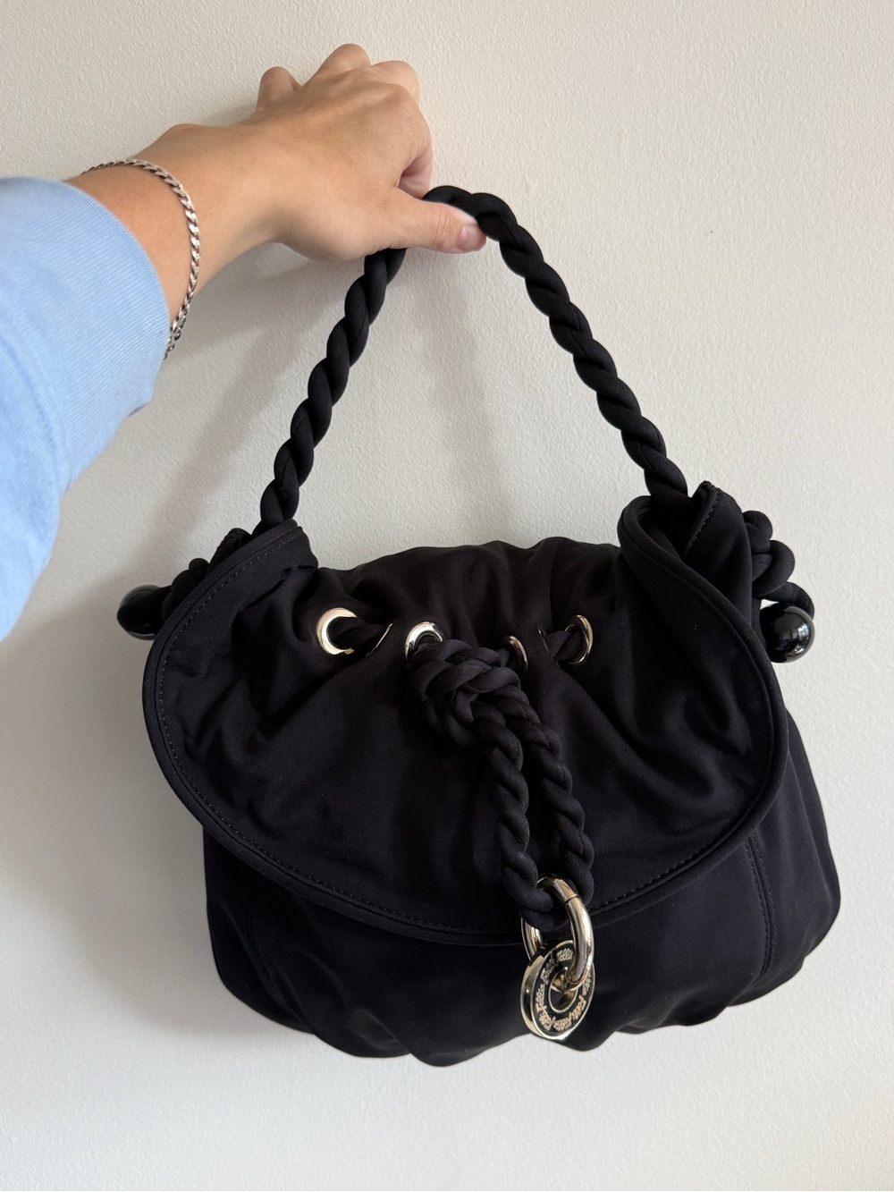 Folli Follie Black Drawstring Hobo Bag | Y2K Vintage